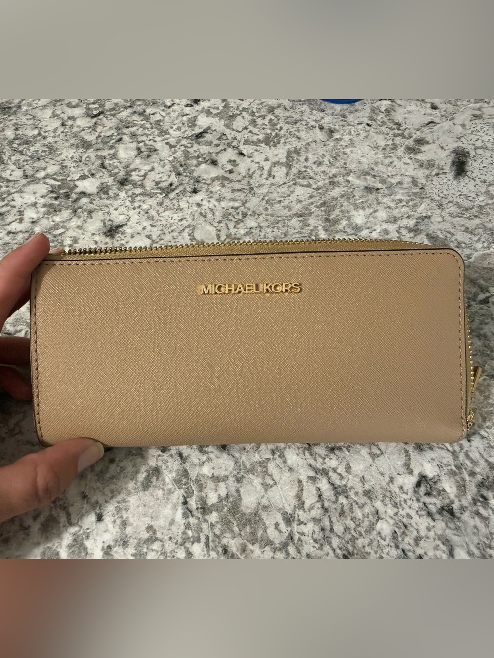 Michael Kors Beige Saffiano Zip-Around Wallet with Gold Logo